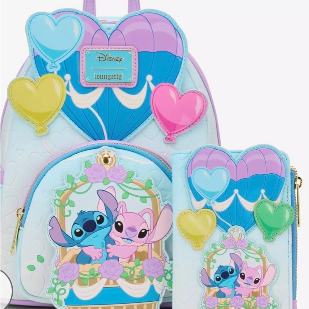 Loungefly Disney Stitch and Angel Hot Air Balloon Backpack & Wallet NWT